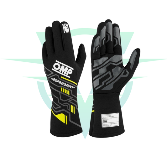 Guantes OMP Sport FIA 8856-2018 MY2025 Negro / Fluo Amarillo – Talla XS