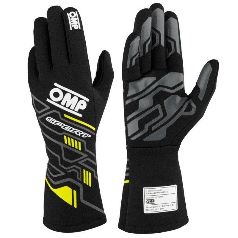 Guantes OMP Sport FIA 8856-2018 MY2025 Negro / Fluo Amarillo – Talla XS